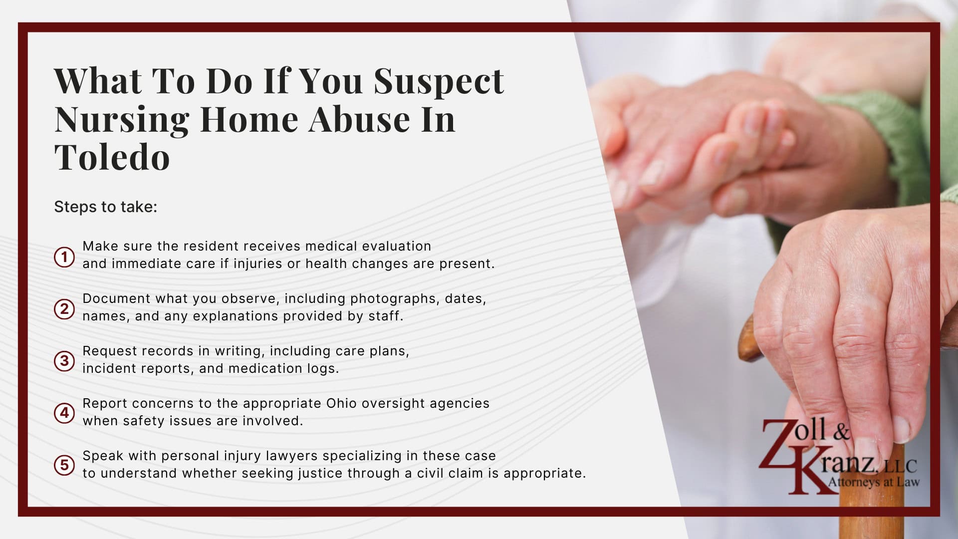 What To Do If You Suspect Nursing Home Abuse In Toledo; Types of Nursing Home Abuse Cases We Handle; Warning Signs of Nursing Home Abuse And Neglect; Nursing Home Negligence Can Include System Failures, Not Just One Staff Member’s Conduct; What Counts as Nursing Home Abuse And Neglect In Ohio; What Counts as Nursing Home Abuse And Neglect In Ohio