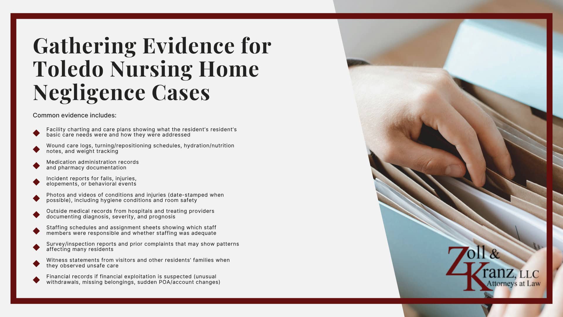 Do You Qualify For a Nursing Home Negligence Case; How Our Lawyers Represent Nursing Home Residents at Risk; Steps to Take After Nursing Home Neglect Occurs; The Legal Process of Toledo Nursing Home Neglect Claims; Common Causes of Nursing Home Negligence; What is Considered Nursing Home Abuse or Neglect; Damages in Toledo Nursing Home Negligence Cases (2); Gathering Evidence for Toledo Nursing Home Negligence Cases