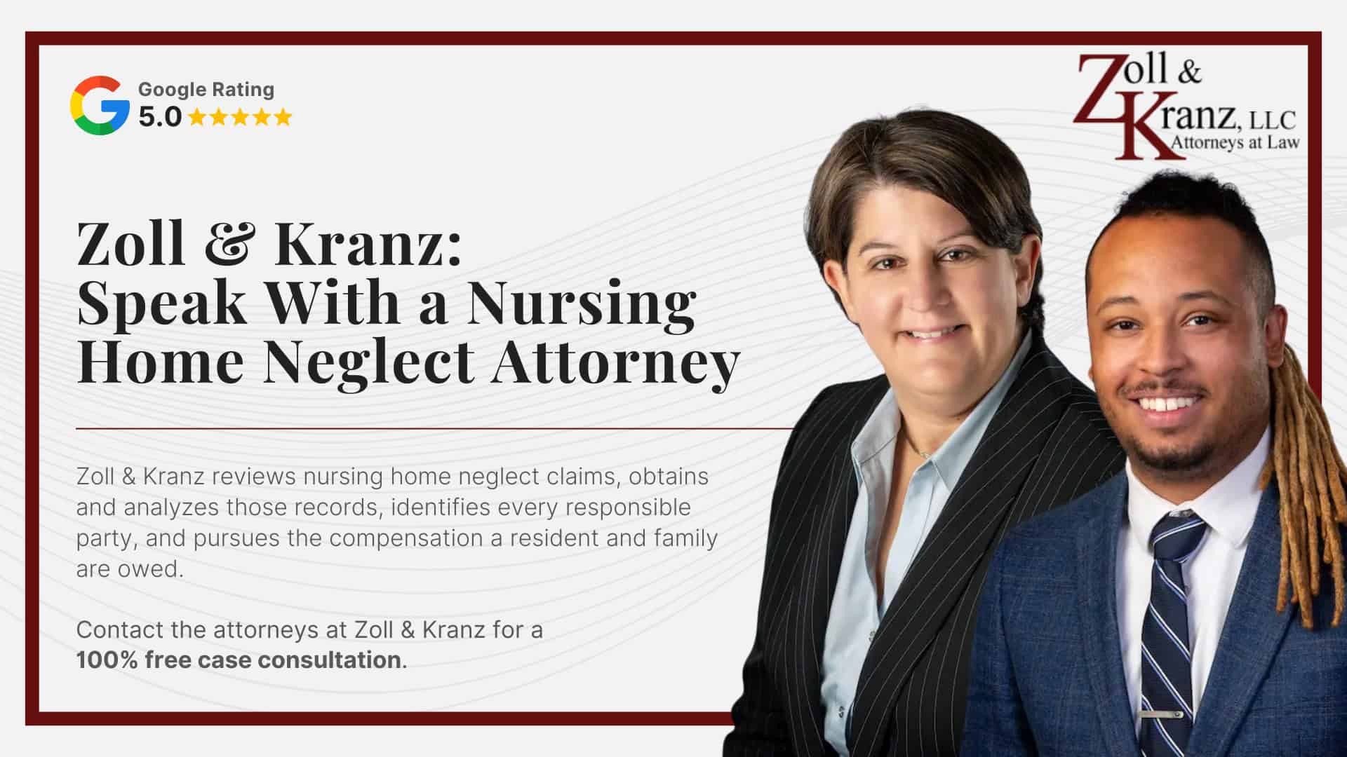 Zoll & Kranz_ Speak With a Nursing Home Neglect Attorney; Damages in a Nursing Home Neglect Claim; Steps to Take If You Suspect Nursing Home Neglect; Evidence Needed to Prove a Negligent Hiring Claim; Proving a Neglect Claim Comes Down to Four Elements; Parties That Can Be Held Liable for Neglect; Common Causes of Neglect in Nursing Homes; Warning Signs of Nursing Home Neglect; Common Forms of Nursing Home Neglect; Neglect Versus Abuse in Nursing Homes; Federal and Ohio Standards of Care a Facility Must Meet; Steps to Take If You Suspect Nursing Home Neglect