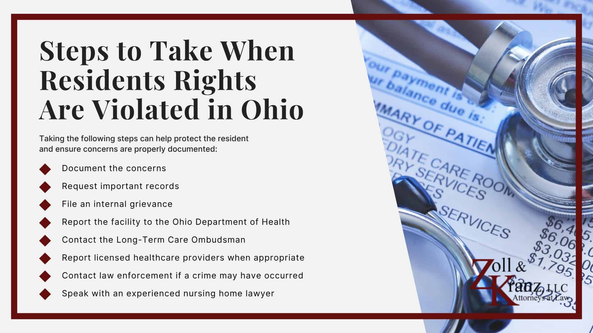 Steps to Take When Residents Rights Are Violated in Ohio; Who Can File a Claim for an Ohio Nursing Home Resident; Involuntary Discharge of Ohio Nursing Home Residents; Physical and Chemical Restraints in Ohio Nursing Homes; Common Nursing Home Resident Rights Violations; Basic Rights of an Ohio Nursing Home Resident; Nursing Home Resident Rights Under Federal and State Law
