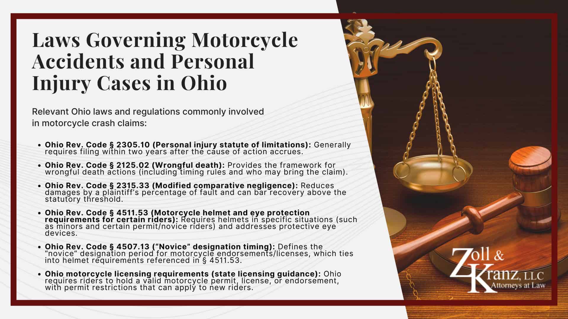Laws Governing Motorcycle Accidents and Personal Injury Cases in Ohio; The Legal Process for a Motorcycle Crash Case in Ohio; Motorcycle Accident Injuries and Long-Term Consequences; Common Causes of Motorcycle Accidents in Toledo, OH; Gathering Evidence for a Motorcycle Accident Claim; What to Do After a Motorcycle Accident in Toledo; Damages in Motorcycle Accident Personal Injury Claims