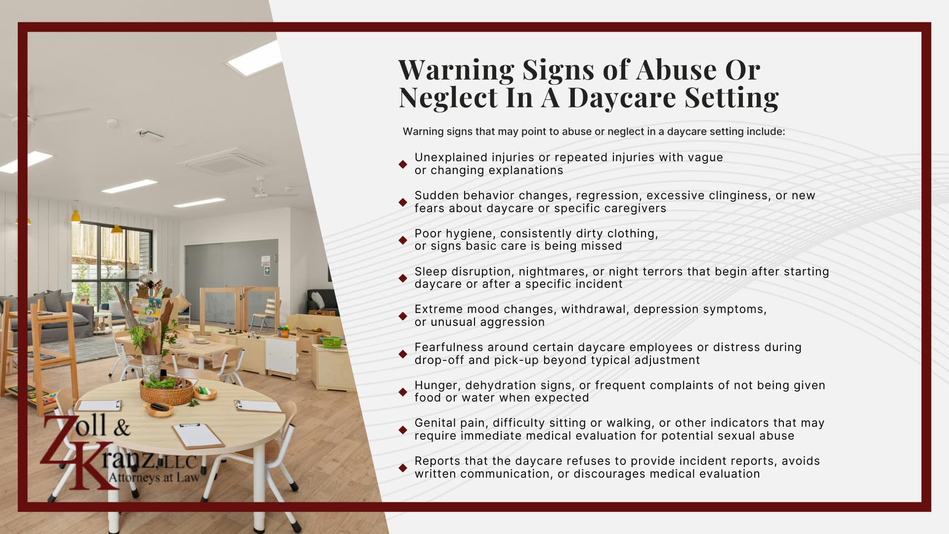 Warning Signs of Abuse Or Neglect In A Daycare Setting; Injuries We See In Daycare Negligence Cases; Common Types of Daycare Abuse, Neglect, and Negligence; What Counts as Daycare Negligence In Ohio